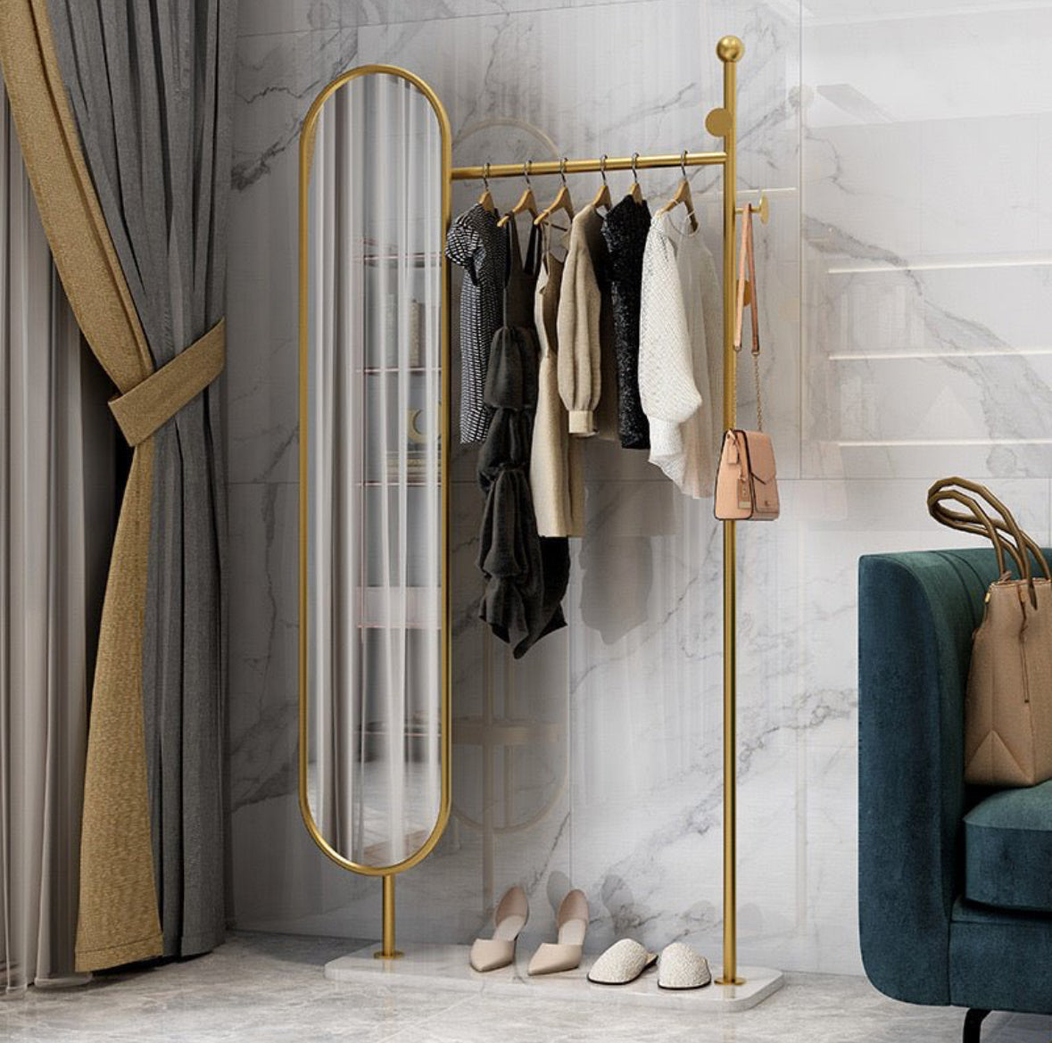 Clothes rack with oval mirror