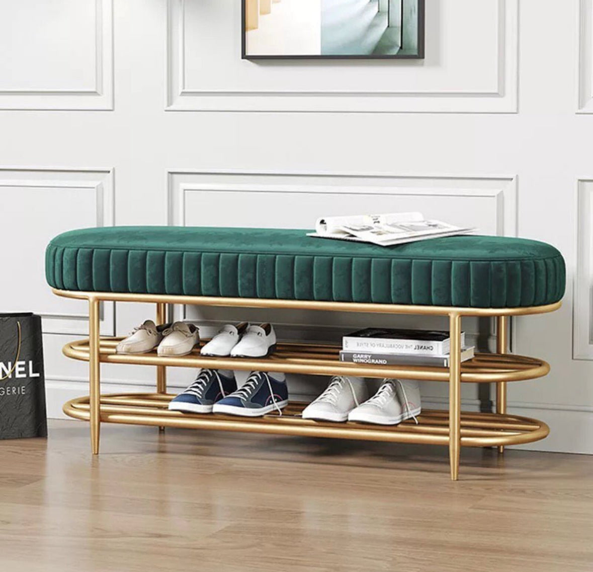 Bench footstool with shoes shelves